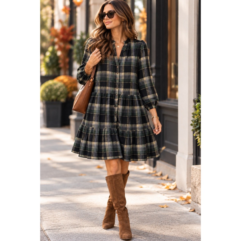 Time and Tru Womens Blue Green Black Plaid Tiered Mini Shirt Dress Size M 8-10